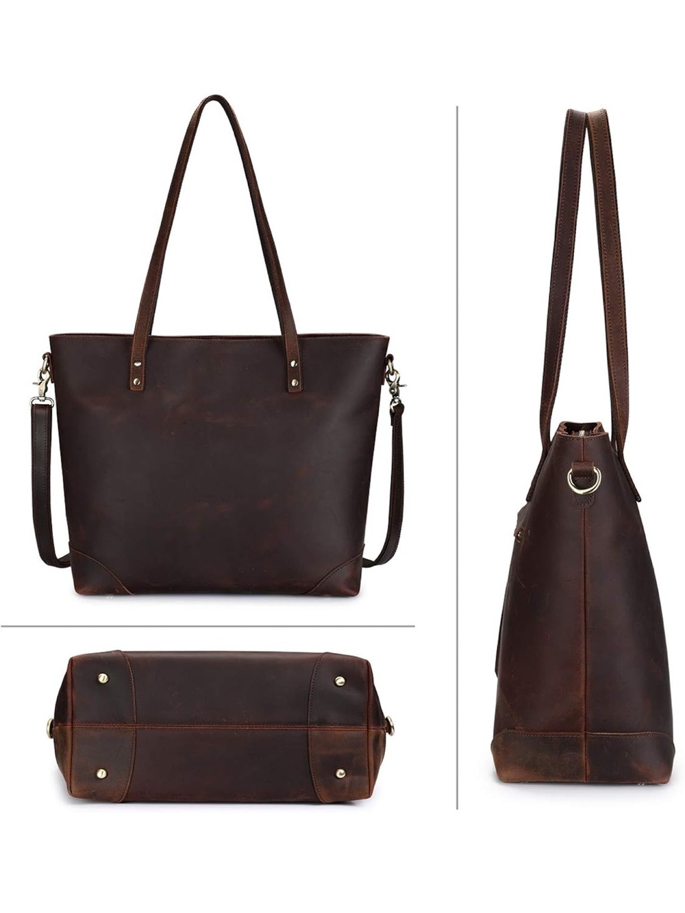 S-ZONE Dark Brown Vintage Genuine Leather Shoulder Bag Large Work Tote - Picture 2 of 13